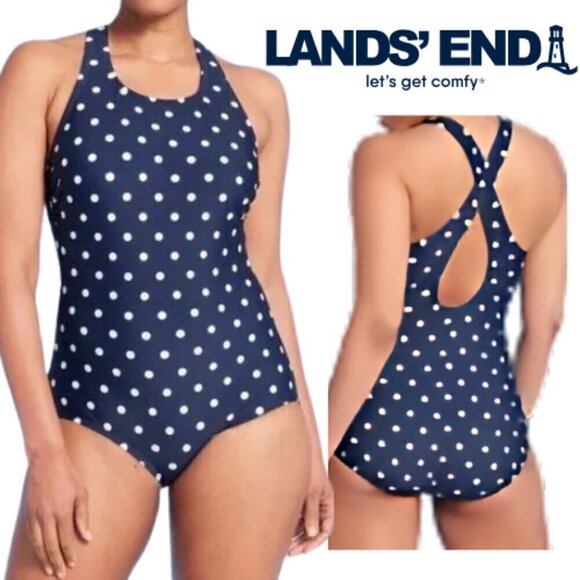 126.🆕MED (10-12) Lands' End High Neck Navy Polka Dot Pattern NWT - Picture 1 of 4